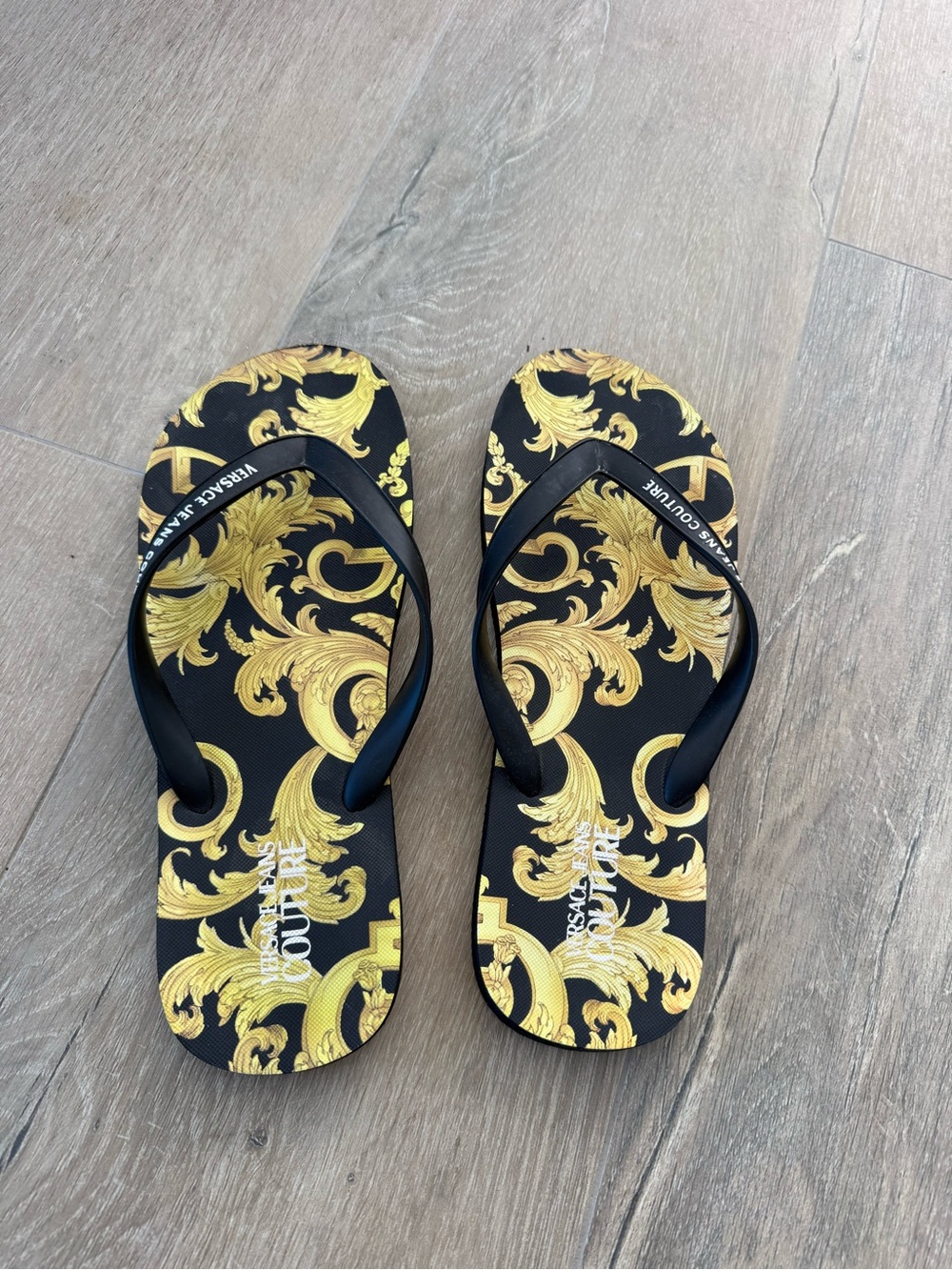 Versace Jeans Couture Baroque Print Flip Flops Black Gold Sandals